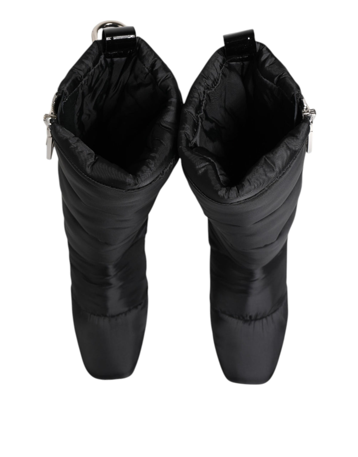 Dolce &amp; Gabbana – Schwarze, gepolsterte Stiefel mit Logo-Absatz und mittelhohem Schaft
