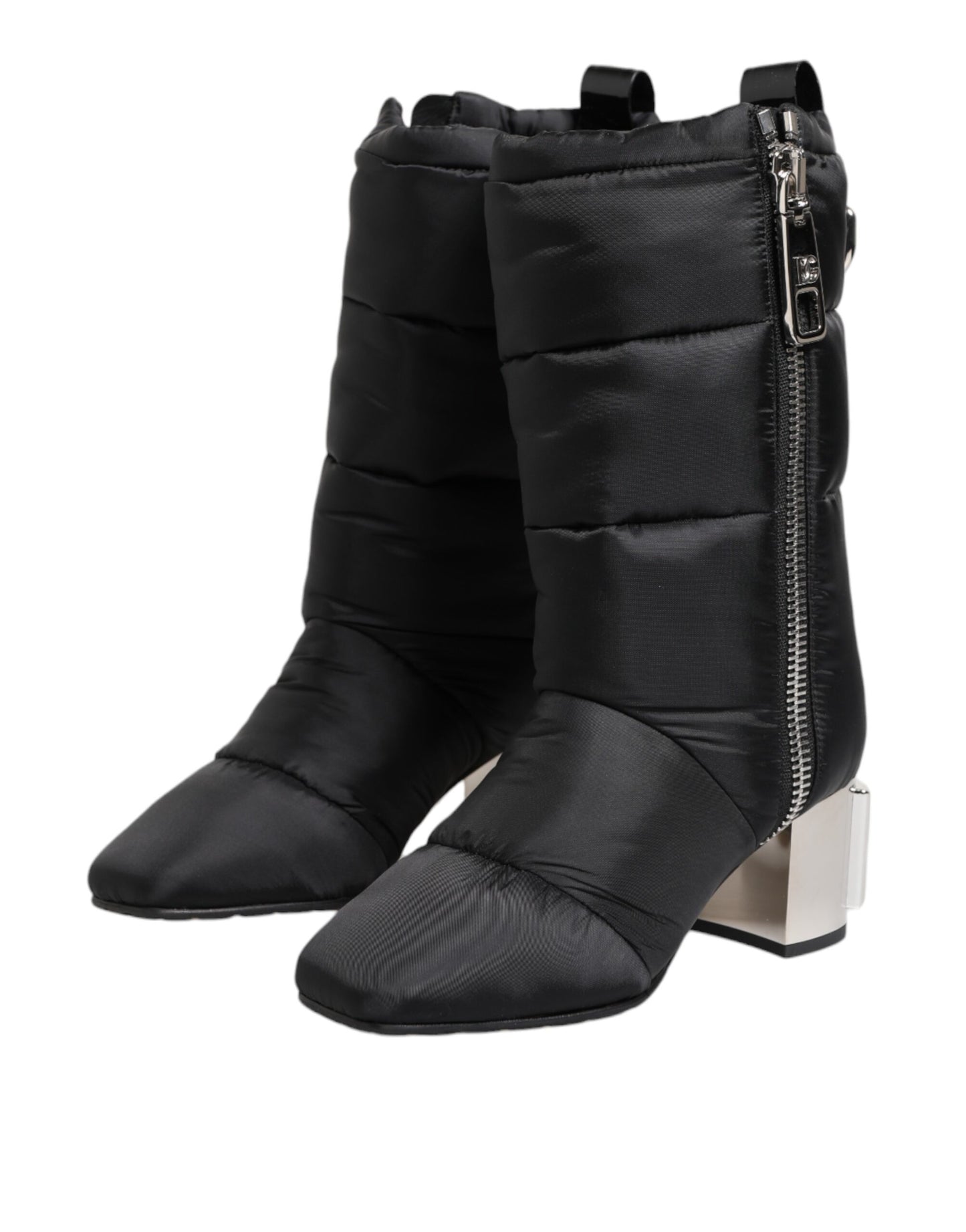 Dolce &amp; Gabbana – Schwarze, gepolsterte Stiefel mit Logo-Absatz und mittelhohem Schaft