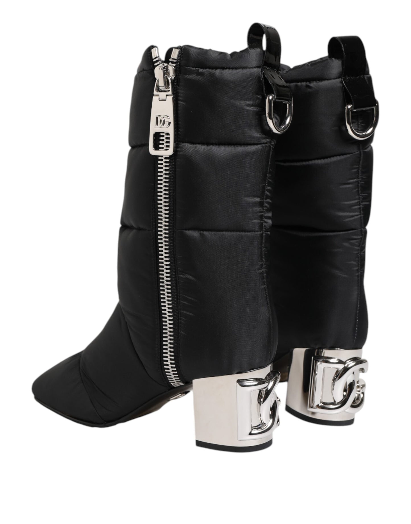 Dolce &amp; Gabbana – Schwarze, gepolsterte Stiefel mit Logo-Absatz und mittelhohem Schaft