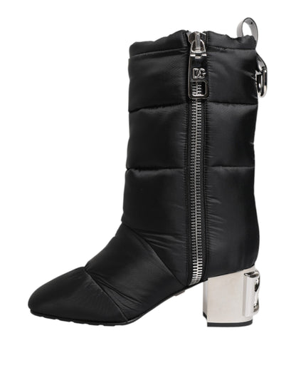 Dolce &amp; Gabbana – Schwarze, gepolsterte Stiefel mit Logo-Absatz und mittelhohem Schaft