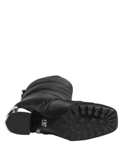 Dolce &amp; Gabbana – Schwarze, gepolsterte Stiefel mit Logo-Absatz und mittelhohem Schaft
