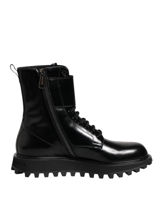 Dolce &amp; Gabbana – Schwarze, wadenhohe Schnürstiefel aus Leder