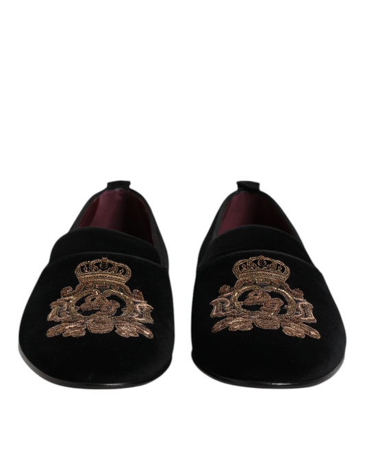 Dolce &amp; Gabbana Herren-Loafer aus schwarzem Samt mit goldener Krone
