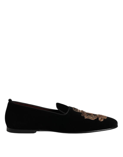Dolce &amp; Gabbana Herren-Loafer aus schwarzem Samt mit goldener Krone