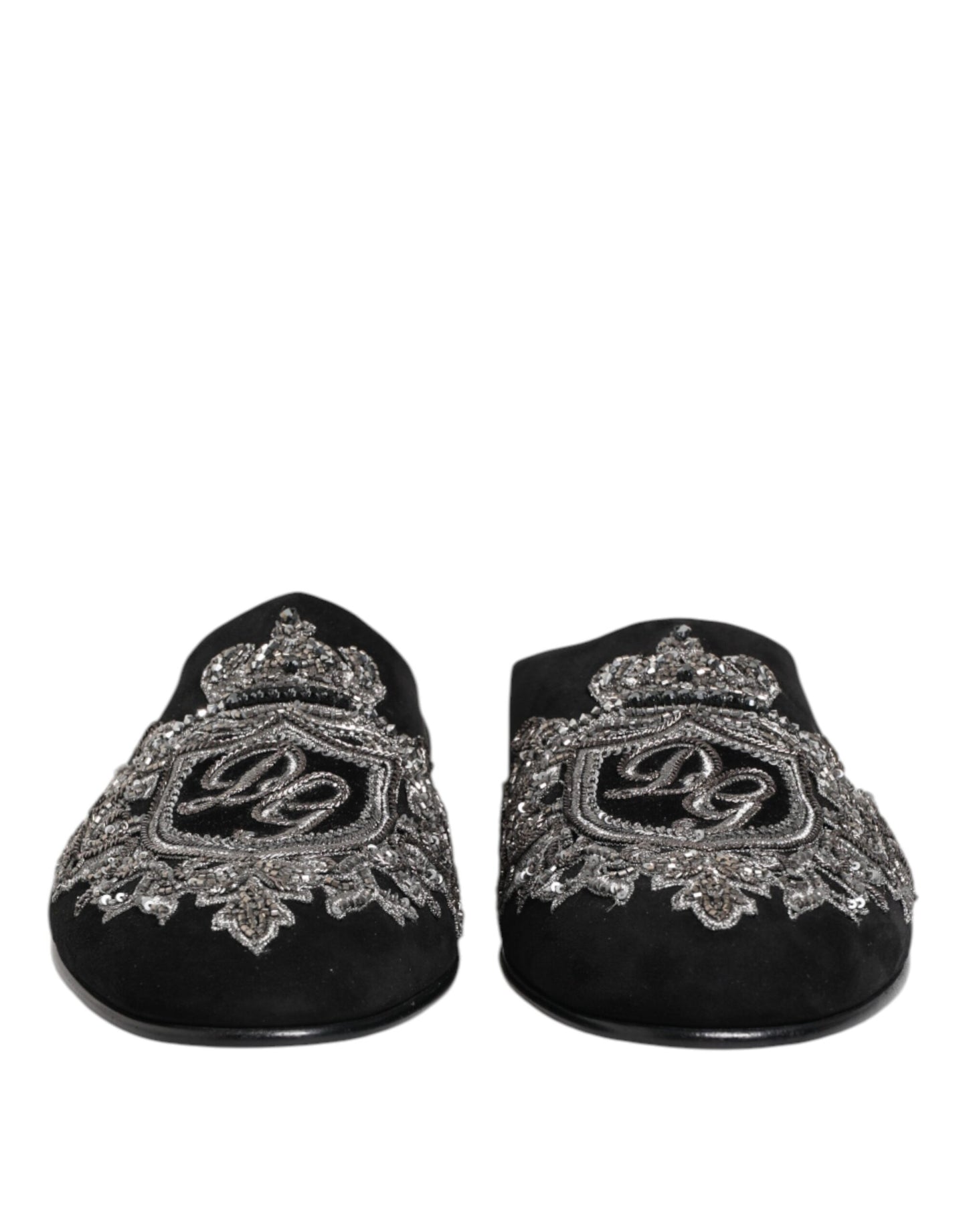 Dolce &amp; Gabbana – Schwarze Samt-Slipper „DG Crown“