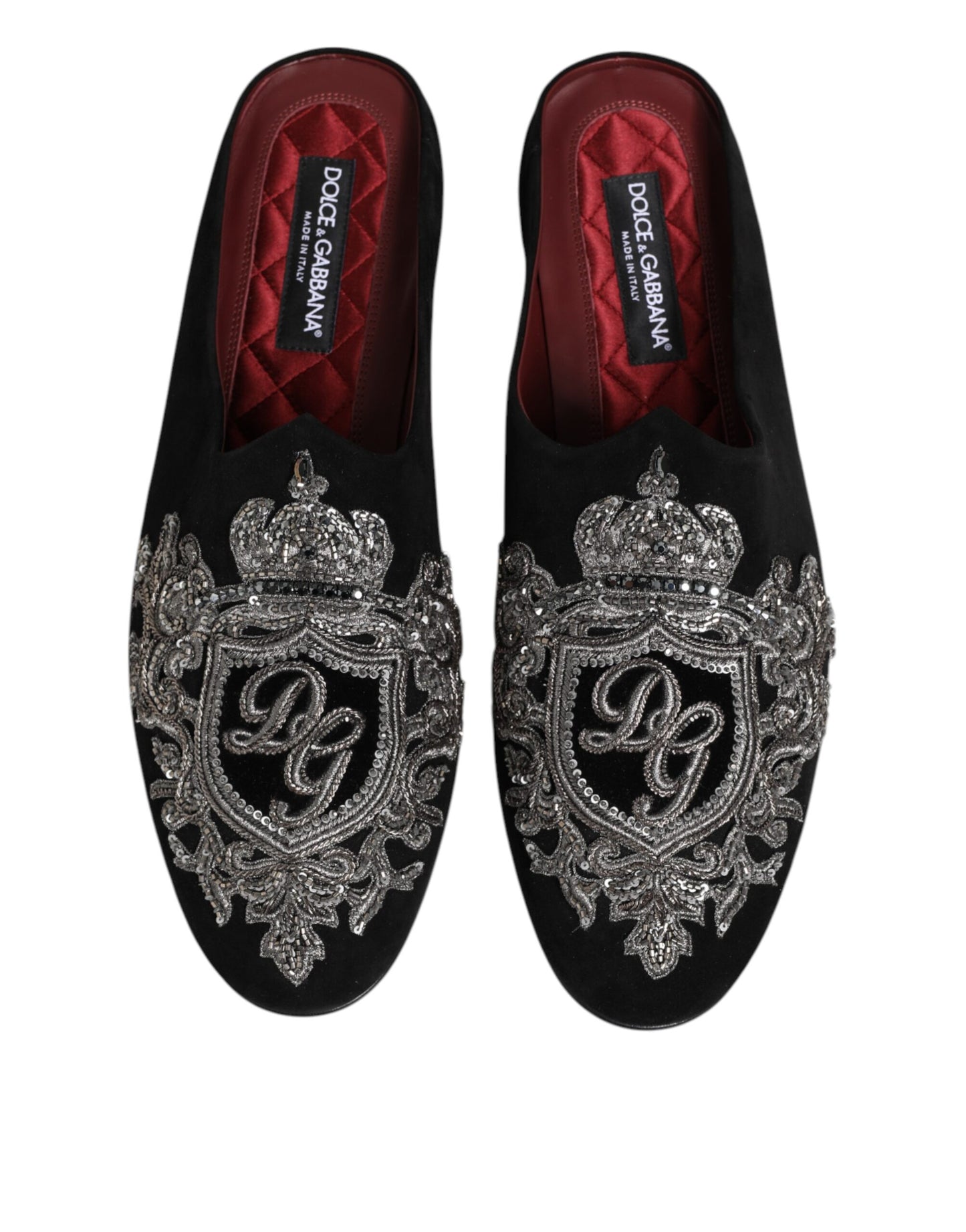 Dolce &amp; Gabbana – Schwarze Samt-Slipper „DG Crown“