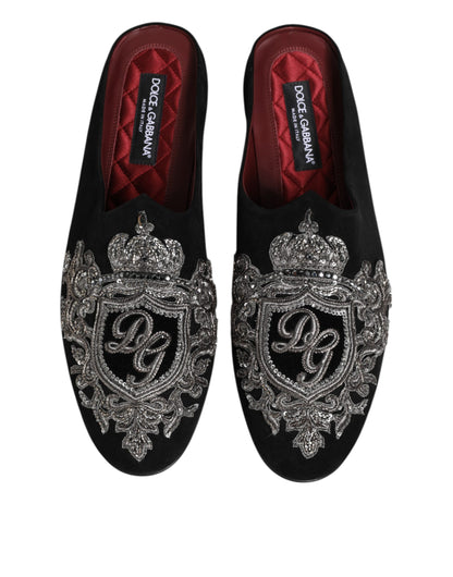 Dolce &amp; Gabbana – Schwarze Samt-Slipper „DG Crown“