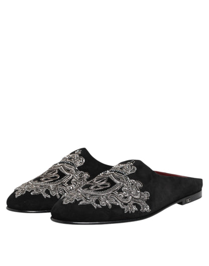 Dolce &amp; Gabbana – Schwarze Samt-Slipper „DG Crown“