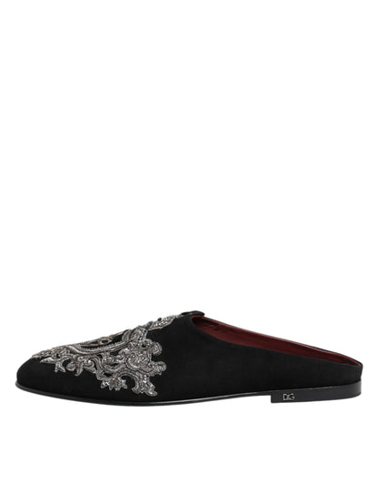 Dolce &amp; Gabbana – Schwarze Samt-Slipper „DG Crown“
