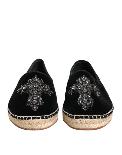 Dolce &amp; Gabbana – Schwarze Espadrilles mit Kreuz und Kristallen zum Hineinschlüpfen