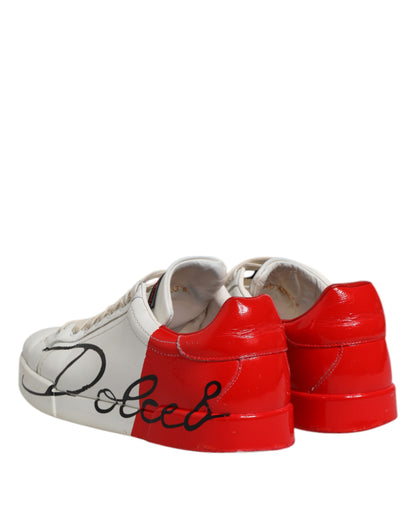Dolce &amp; Gabbana Weiß Rot Leder Logo Low Top Sneakers Schuhe