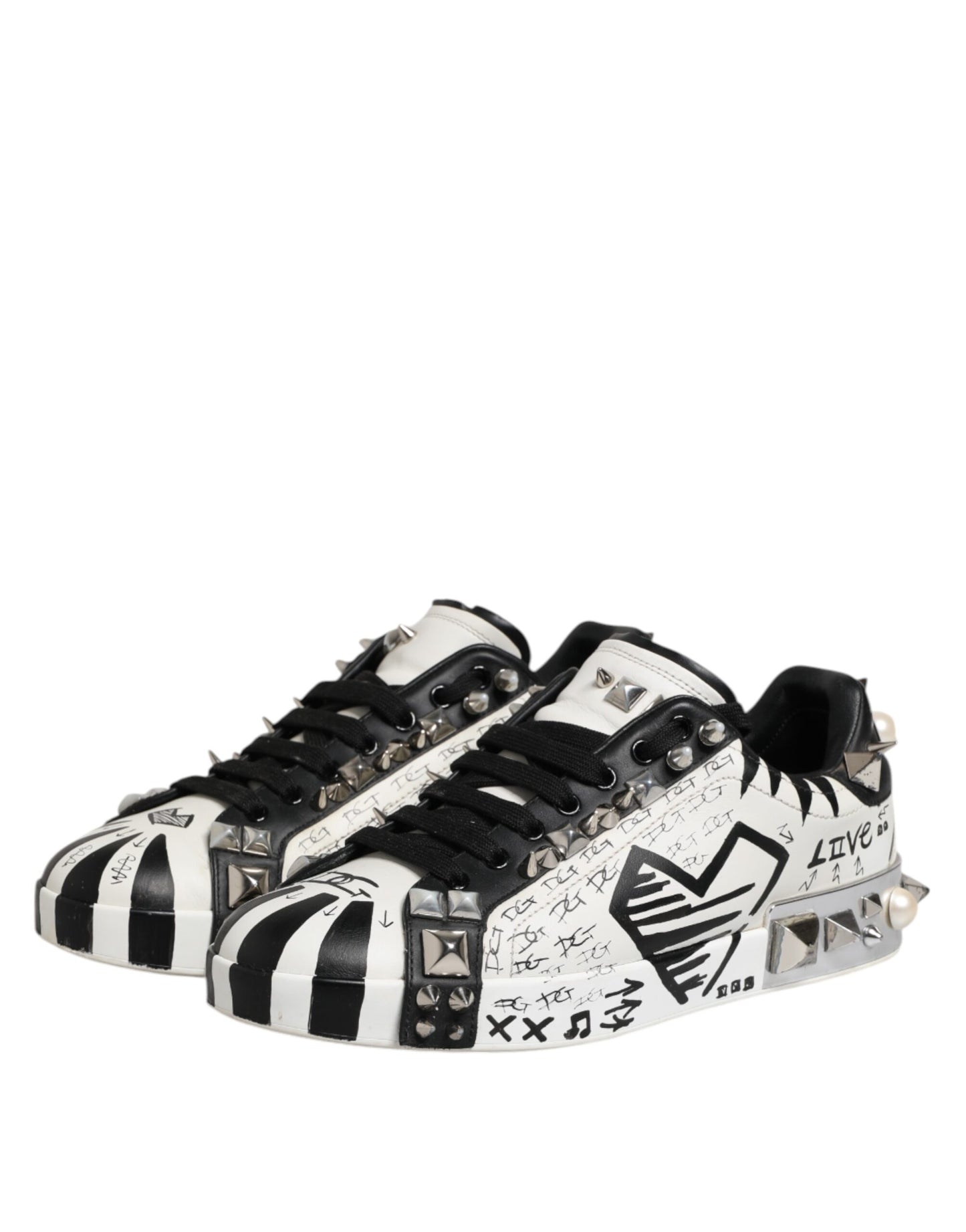 Dolce &amp; Gabbana Schwarz Weiß Nieten Low Top Sneakers Schuhe