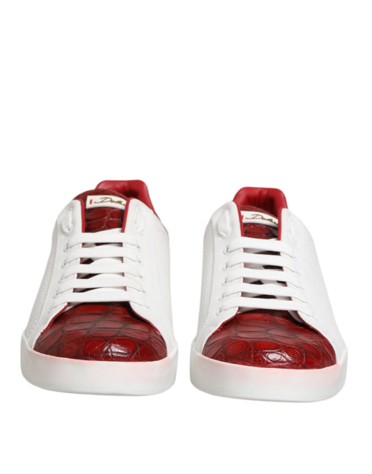 Dolce & Gabbana White Red Leather Lace Up Sneakers Shoes