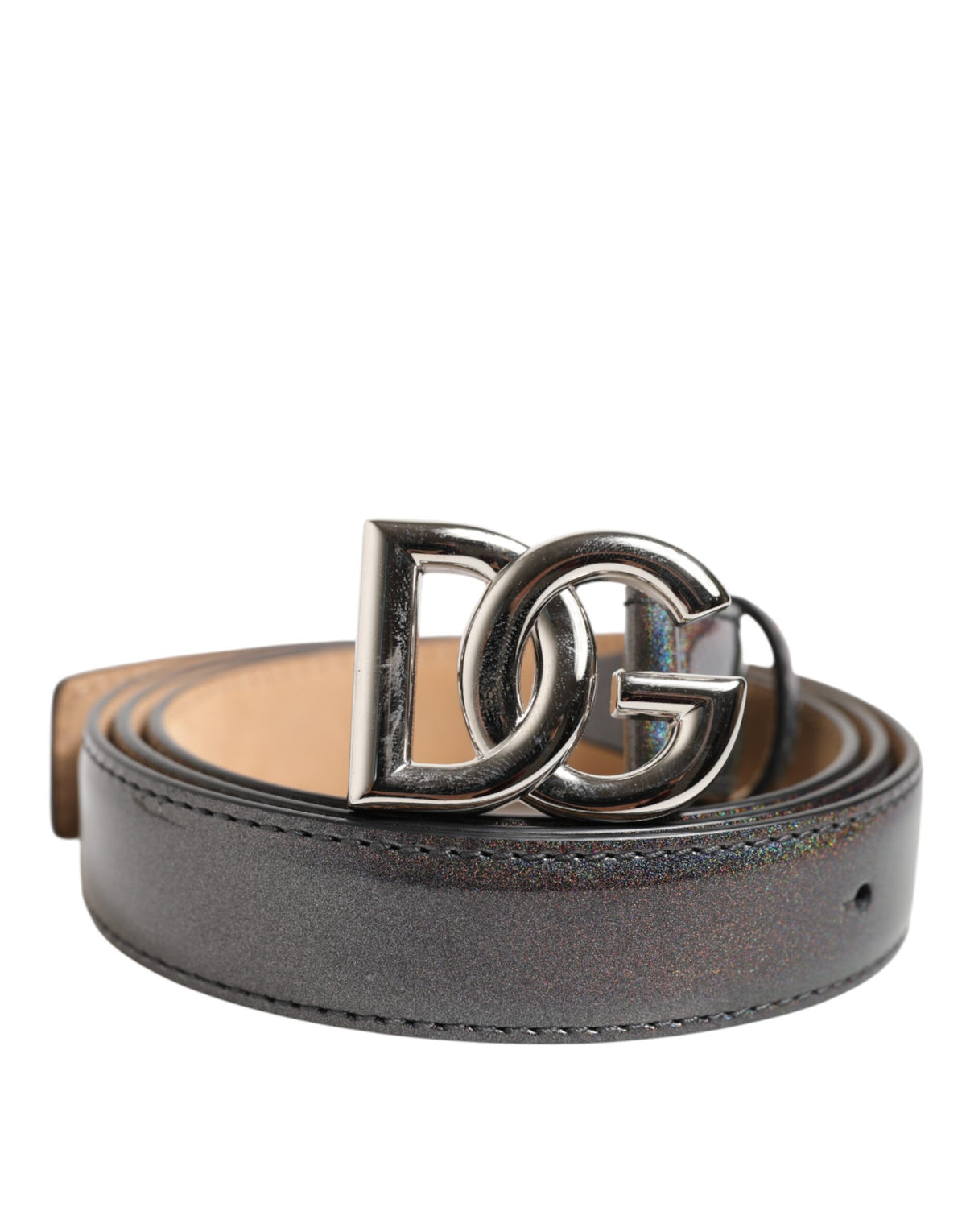 Dolce &amp; Gabbana – Silberfarbener Gürtel aus metallischem Leder mit Logoschnalle