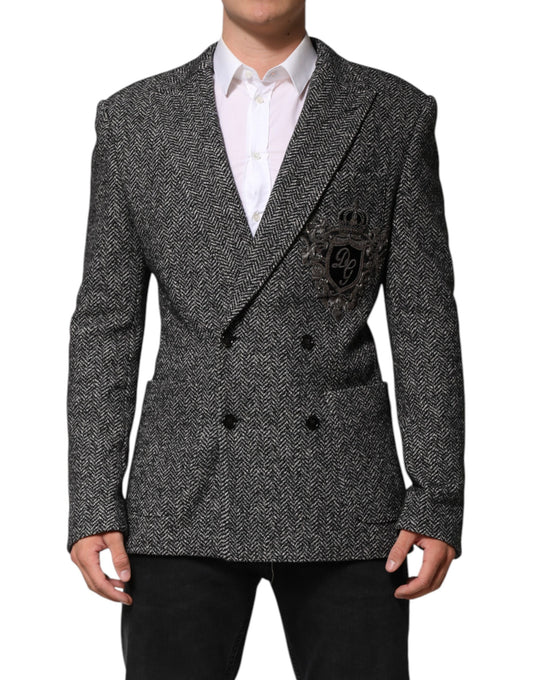 Dolce & Gabbana Dark Gray White Double Breasted Men Suit Blazer