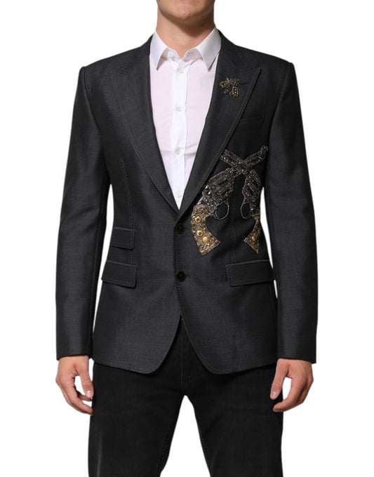 Dolce &amp; Gabbana – Dunkelgrauer Wollmantel-Blazer mit Bienenstickerei
