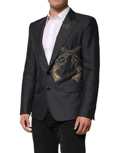 Dolce &amp; Gabbana – Dunkelgrauer Wollmantel-Blazer mit Bienenstickerei