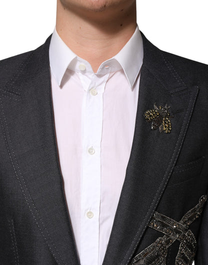 Dolce &amp; Gabbana – Dunkelgrauer Wollmantel-Blazer mit Bienenstickerei