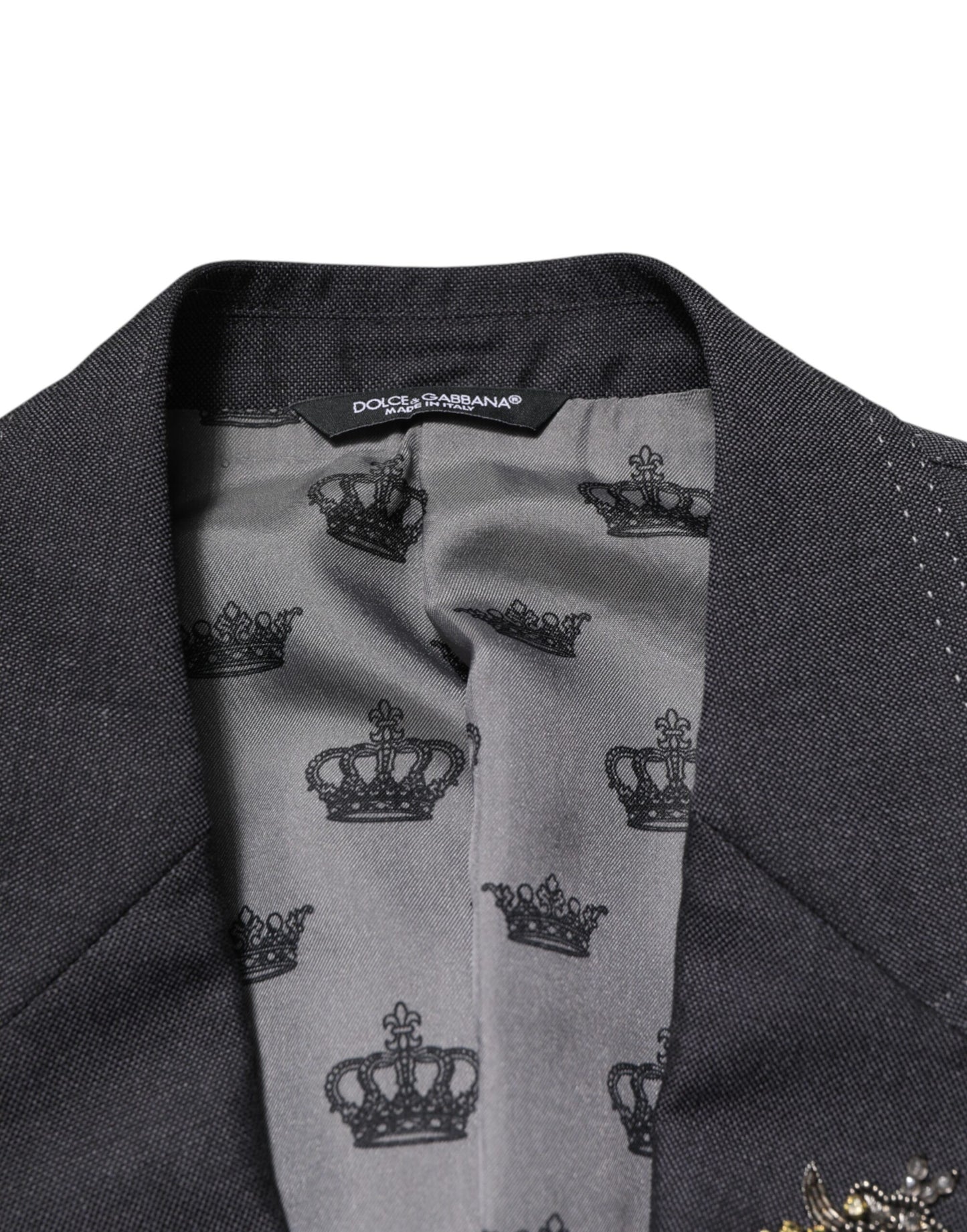 Dolce &amp; Gabbana – Dunkelgrauer Wollmantel-Blazer mit Bienenstickerei