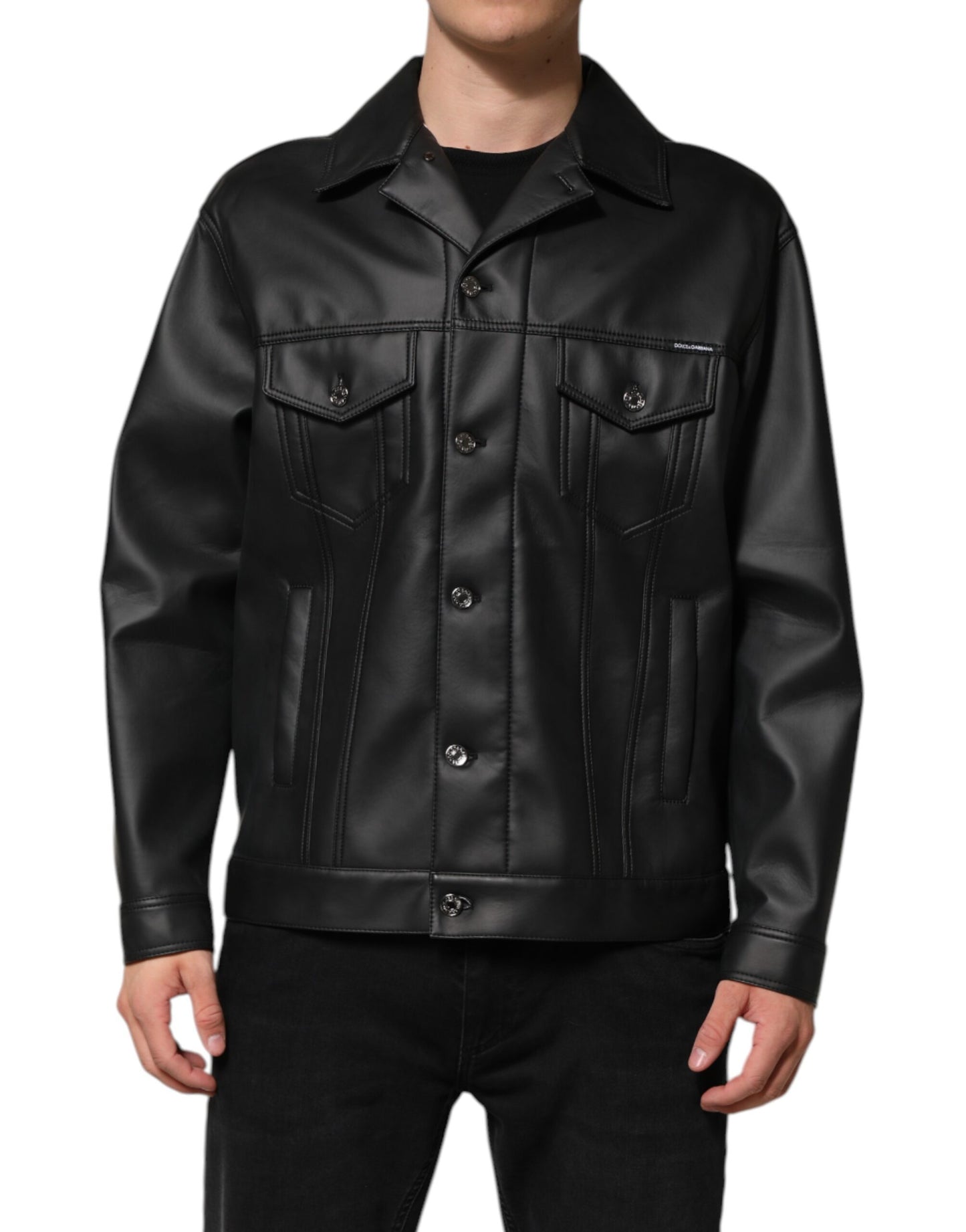 Dolce &amp; Gabbana – Schwarze Bikerjacke aus Polyester mit Knopfleiste