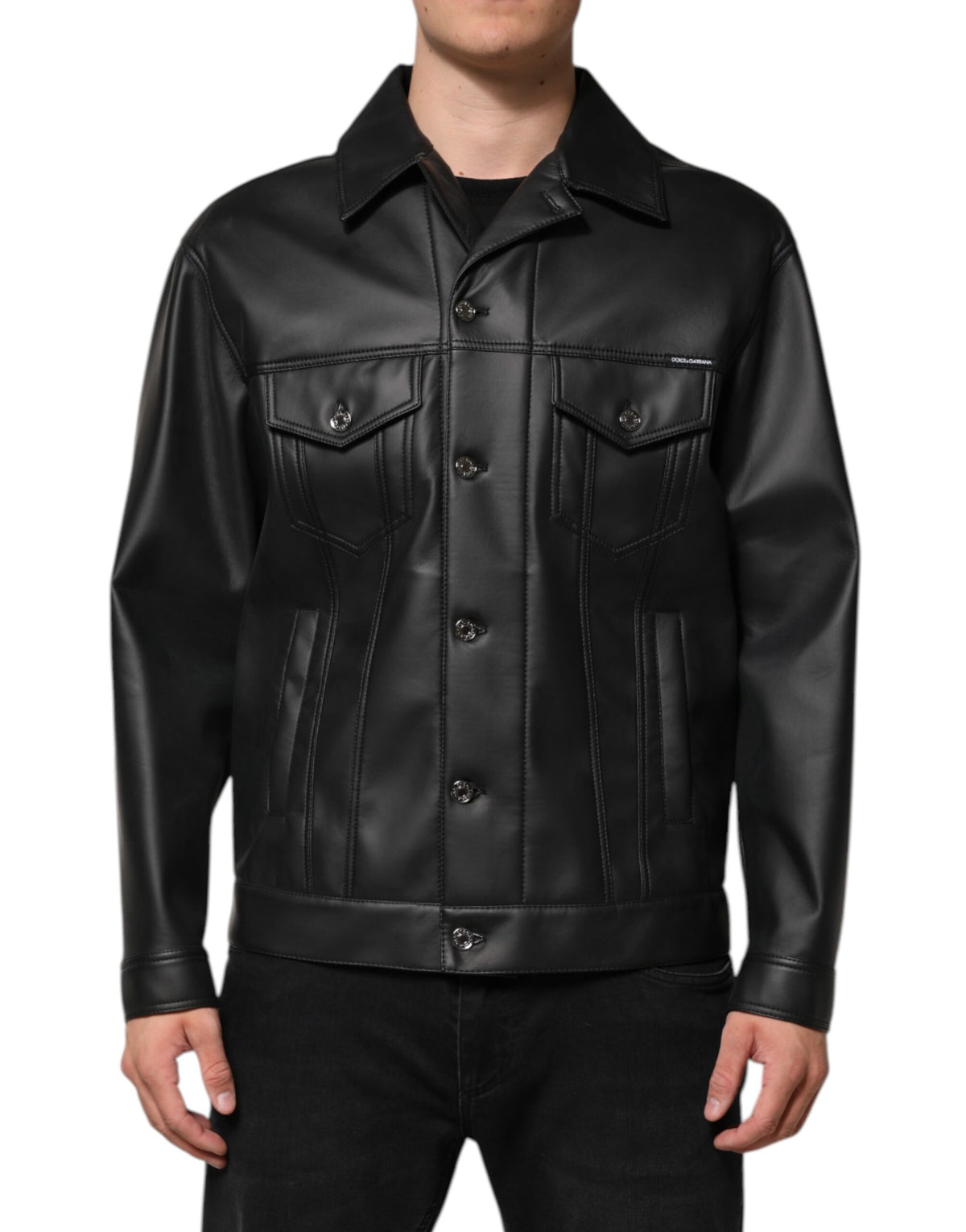Dolce &amp; Gabbana – Schwarze Bikerjacke aus Polyester mit Knopfleiste