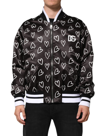 Dolce & Gabbana Black Polyester Heart Print Bomber Jacket