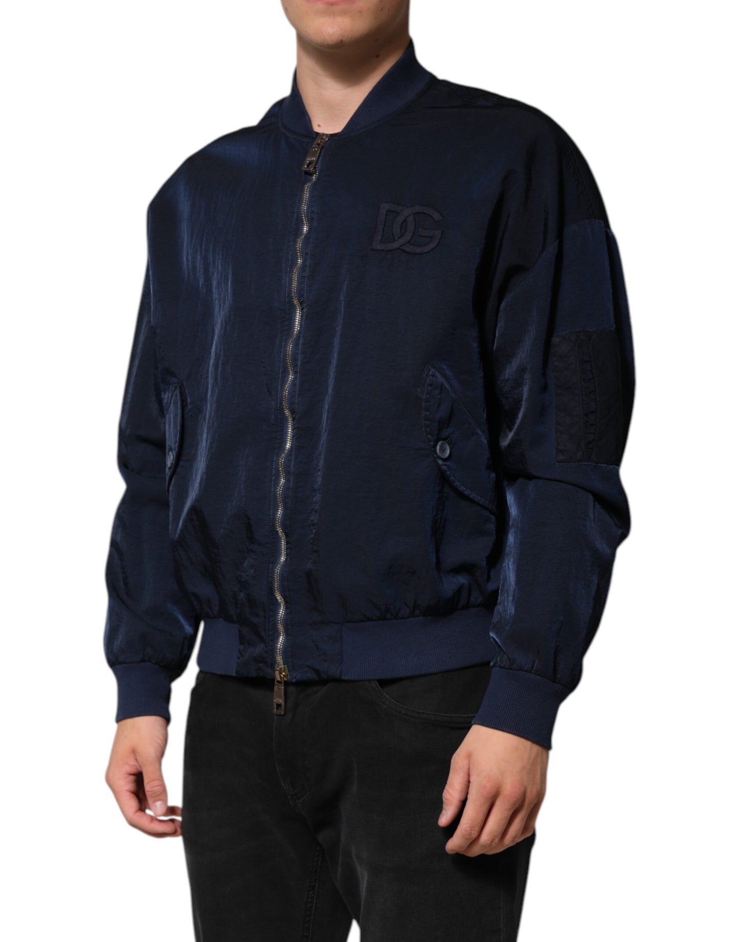 Dolce &amp; Gabbana – Blaue Bomberjacke aus Nylon mit DG-Stickerei für Herren