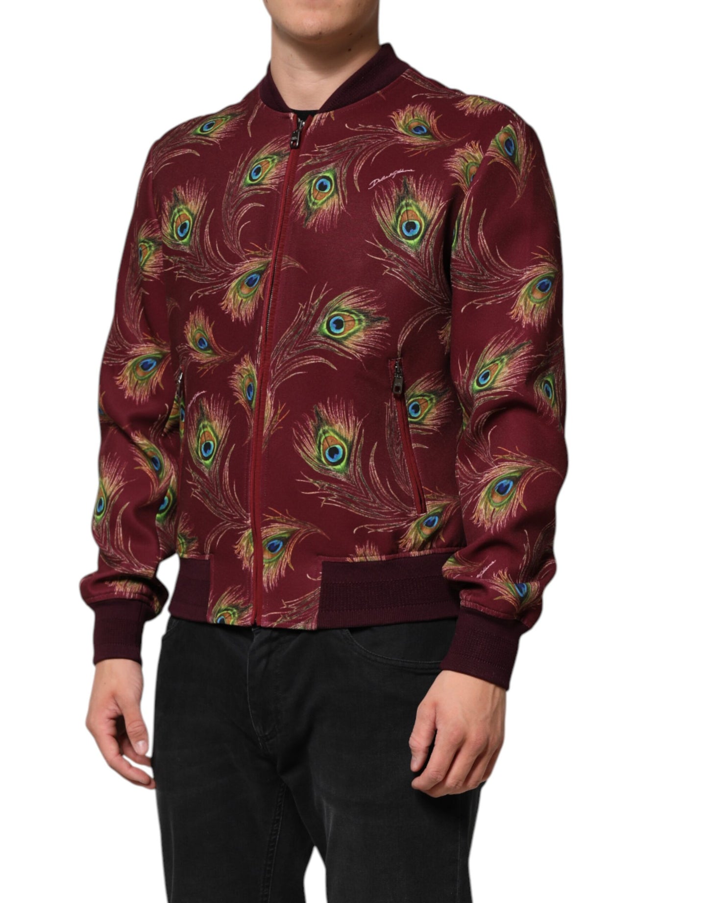 Dolce &amp; Gabbana – Bomberjacke mit kastanienbraunem Pfauenfeder-Print