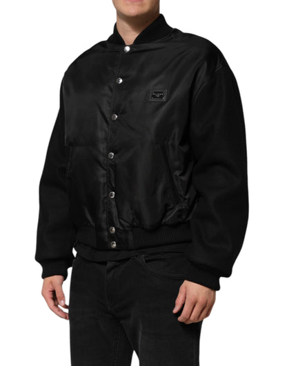 Dolce &amp; Gabbana – Bomberjacke aus schwarzem Polyester mit Logo-Schild