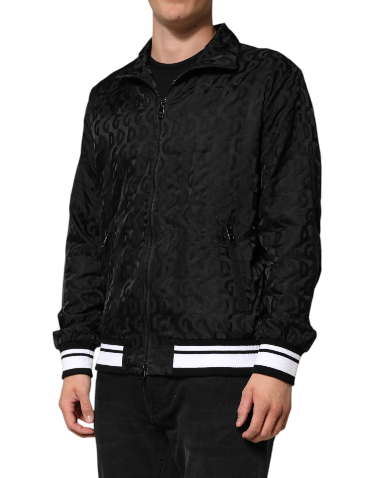 Dolce & Gabbana Black Jacquard Men Full Zip Bomber Sweater