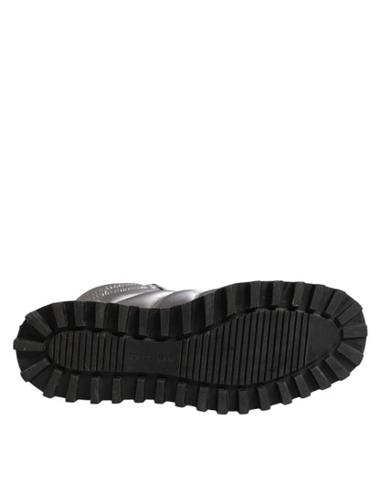 Dolce &amp; Gabbana – Silberne, gepolsterte Stiefel mit Schnürung in der Mitte der Wade