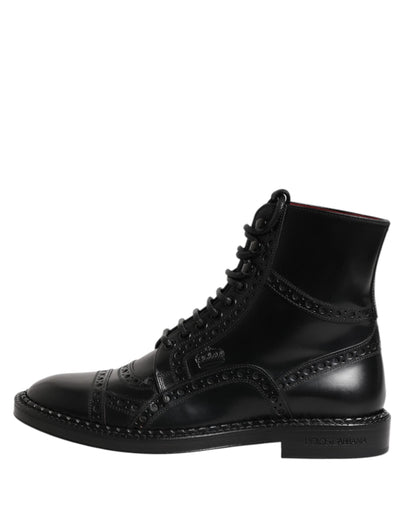 Dolce &amp; Gabbana – Schwarze, wadenhohe Schnürstiefel aus Leder