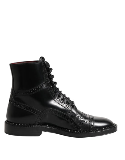 Dolce &amp; Gabbana – Schwarze, wadenhohe Schnürstiefel aus Leder