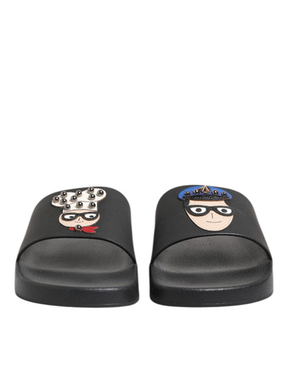Dolce &amp; Gabbana – Schwarze Leder-Slides, flache Strandschuhe