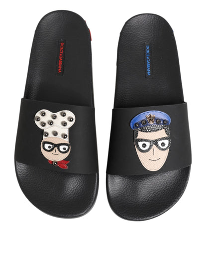 Dolce &amp; Gabbana – Schwarze Leder-Slides, flache Strandschuhe