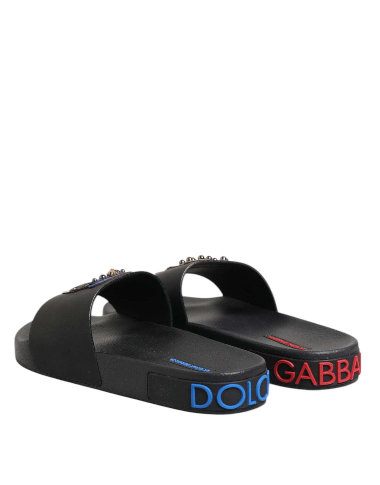 Dolce &amp; Gabbana – Schwarze Leder-Slides, flache Strandschuhe