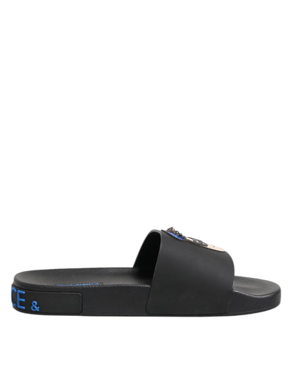 Dolce &amp; Gabbana – Schwarze Leder-Slides, flache Strandschuhe