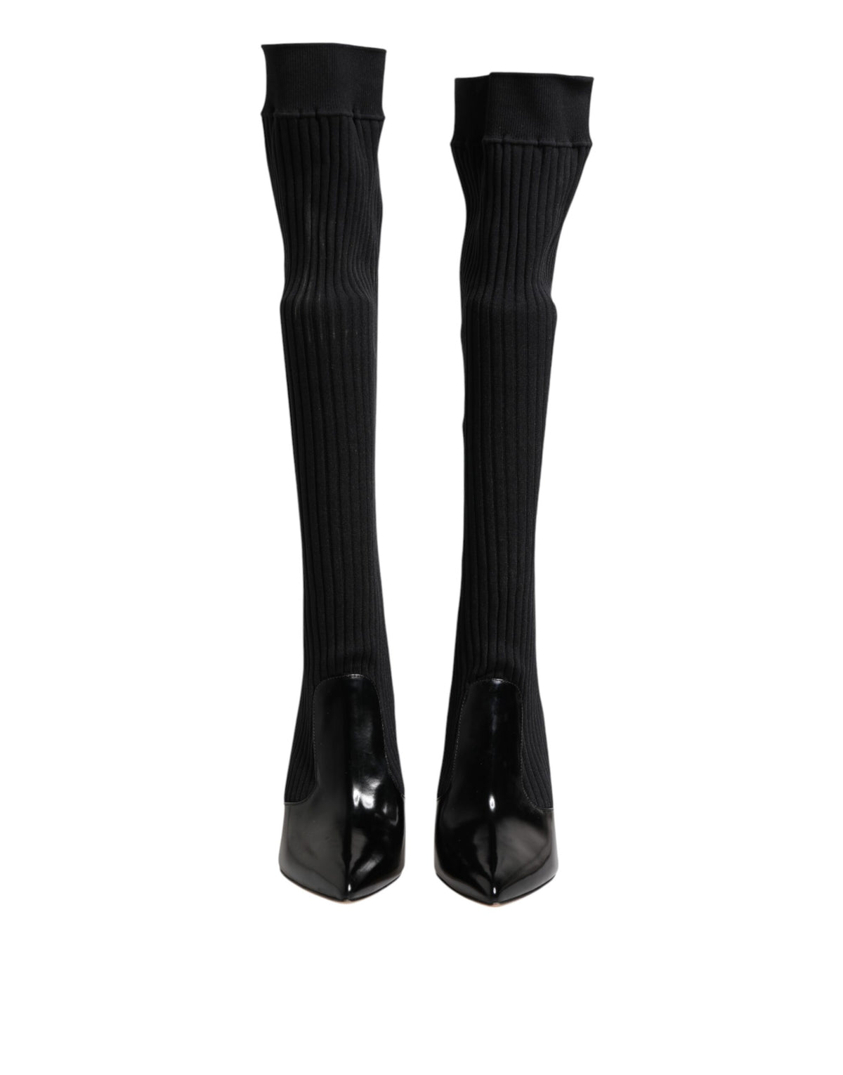 Dolce &amp; Gabbana – Kniehohe Stiefel aus geripptem Strick in Schwarz