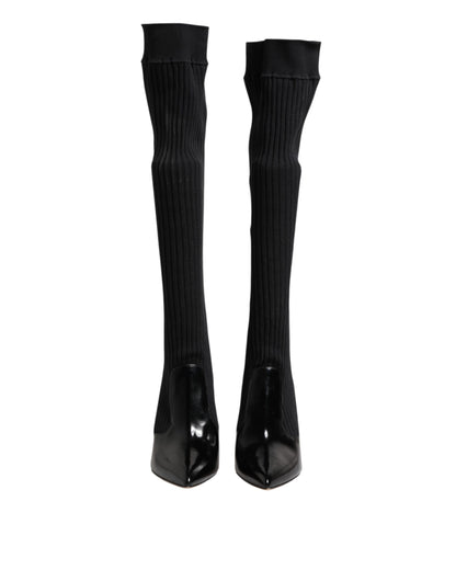 Dolce &amp; Gabbana – Kniehohe Stiefel aus geripptem Strick in Schwarz