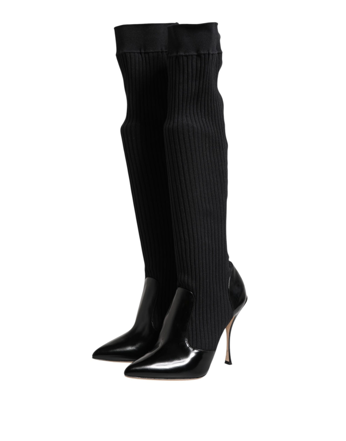 Dolce &amp; Gabbana – Kniehohe Stiefel aus geripptem Strick in Schwarz