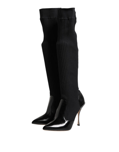Dolce &amp; Gabbana – Kniehohe Stiefel aus geripptem Strick in Schwarz