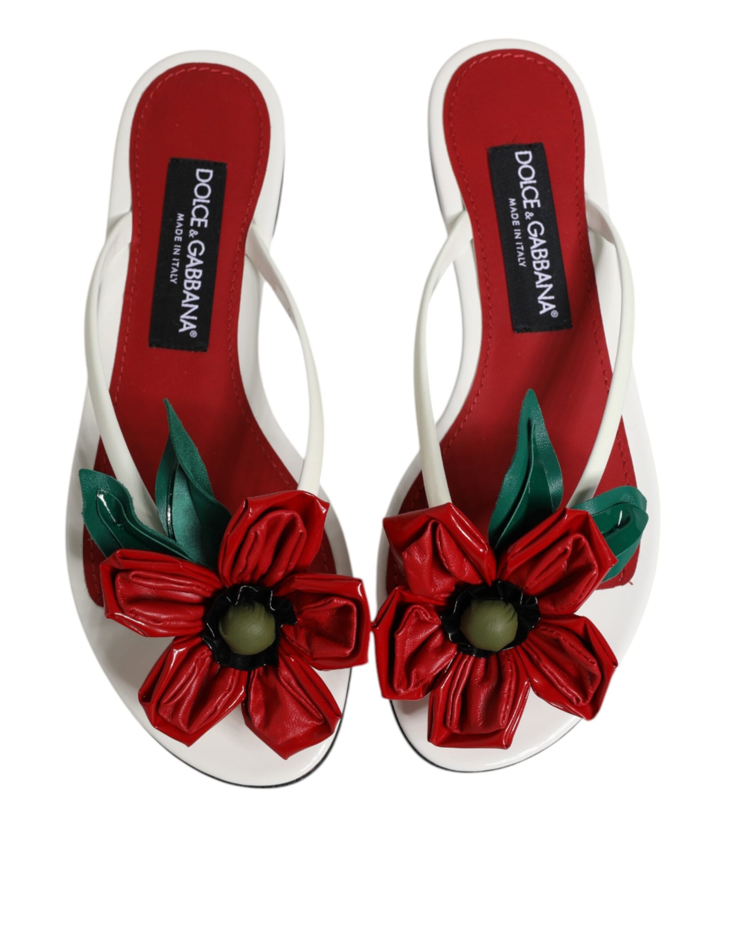 Dolce &amp; Gabbana Rot Weiß KEIRA Blumen Leder Sandalen Schuhe