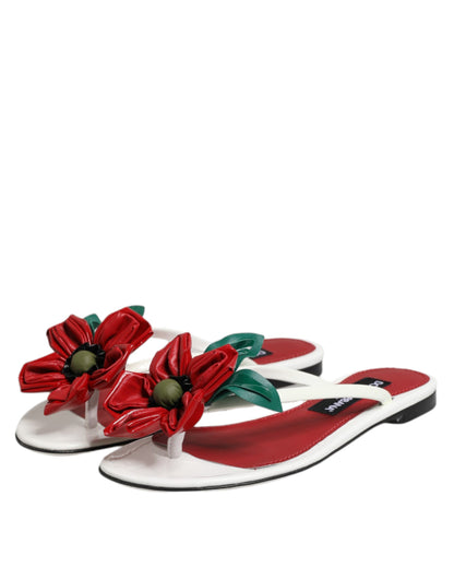 Dolce &amp; Gabbana Rot Weiß KEIRA Blumen Leder Sandalen Schuhe