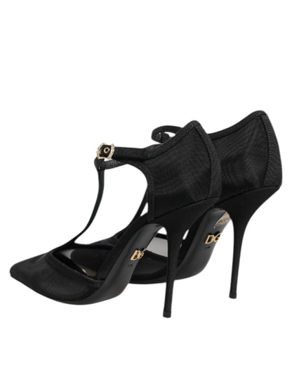 Dolce &amp; Gabbana – Schwarze High Heels mit T-Riemen aus Mesh mit Stilettoabsatz