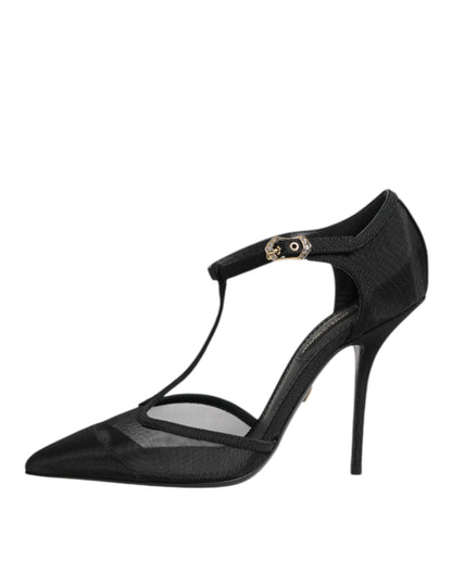 Dolce &amp; Gabbana – Schwarze High Heels mit T-Riemen aus Mesh mit Stilettoabsatz