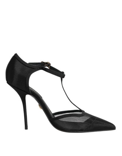 Dolce &amp; Gabbana – Schwarze High Heels mit T-Riemen aus Mesh mit Stilettoabsatz