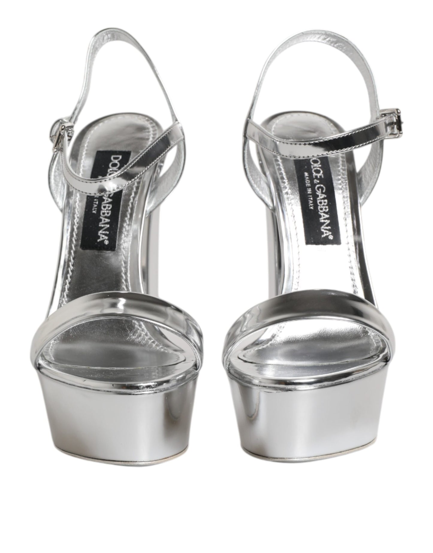 Dolce &amp; Gabbana Keira Sandalen aus silbernem Leder mit Plateau