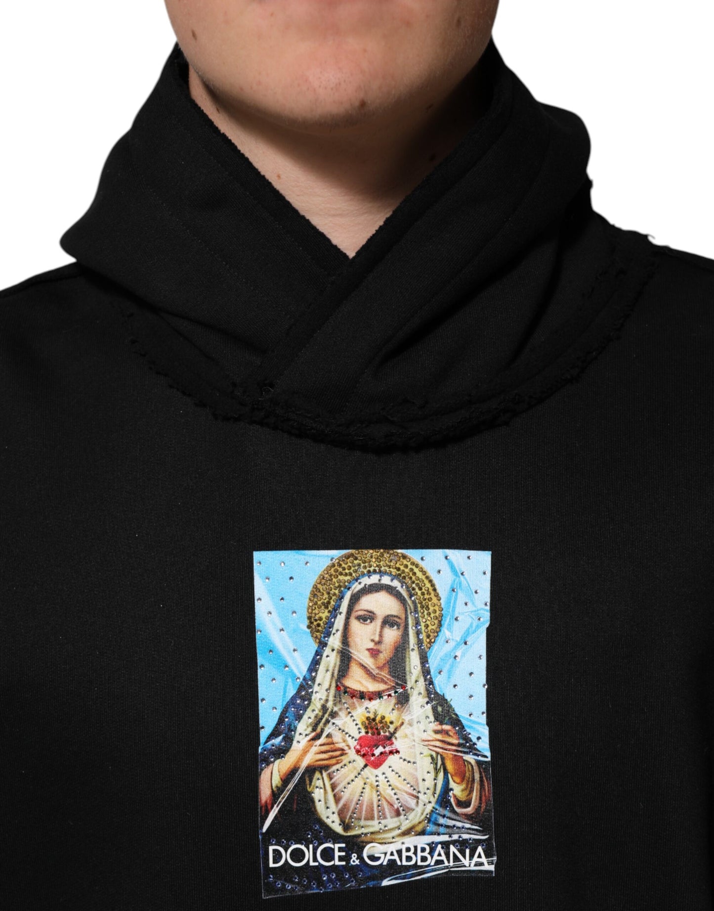 Dolce &amp; Gabbana – Schwarze, bedruckte Kapuzenjacke mit Kristallverzierung