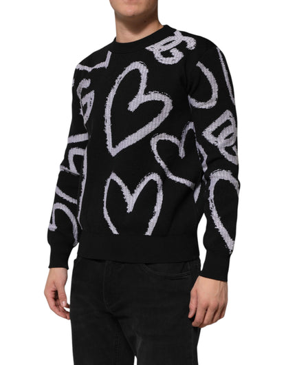 Dolce &amp; Gabbana – Schwarzer Pullover aus Nylon und Wolle mit Herz-Print