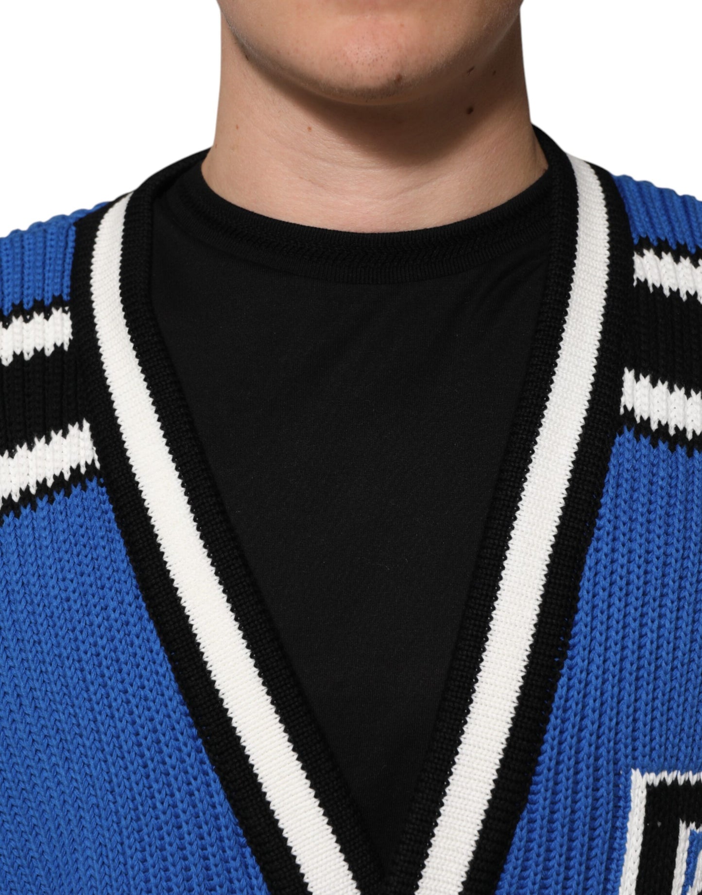 Dolce & Gabbana Blue Cotton Logo Patch Ribbed Knit Cardigan Sweater